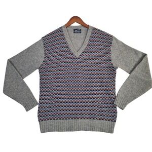 VTG Puritan Aquamatic Wool Blend V-Neck Sweater Large Gray Geometric USA Made